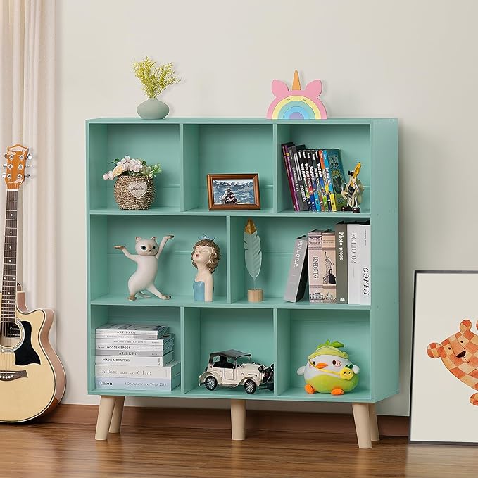 LEYAOYAO 8 Cube Bookshelf 3-Tier Bookcase with Legs, Mint-Green Kids Book Shelf Cute Storage Organizer, Large Open Toy Shelves Modern Bookshelves,Display Bookcases for Bedroom,Living Room,Nursery-Ruum Studio Home