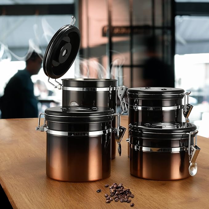 malmo Coffee Canister, Airtight Coffee Container with Date Tracker Lid, Stainless Steel Canister for Kitchen Food Storage (Black-Copper, 22oz with 1/4 Cup)-Ruum Studio Home