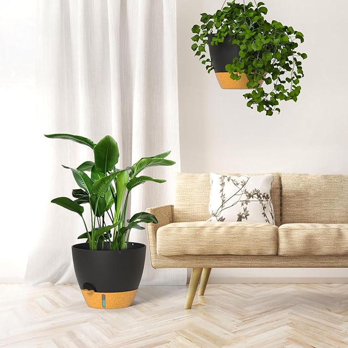 ZMTECH 12 Inch Hanging Planters for Indoor Outdoor Plants, 2 Pack Self Watering Hanging Plant Pots with Drainage Hole, Visual Reservoir, Plastic Flower Hanging Pots with Watering Lip (Black)-Ruum Studio Home