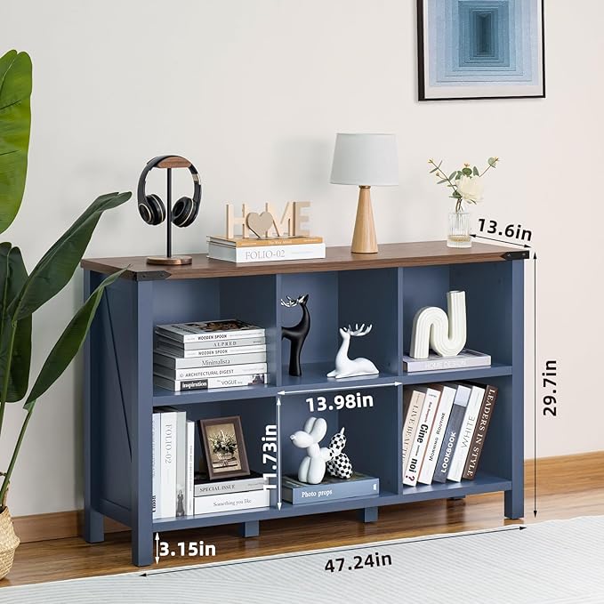 6 Cube Bookcase, Farmhouse Wood Low Storage Organizer Book Shelf, 47" Horizontal Navy Blue Console Bookshelf with Legs, Hallway Book Case for Entryway, Display Cabinet for Living Room, Office-Ruum Studio Home