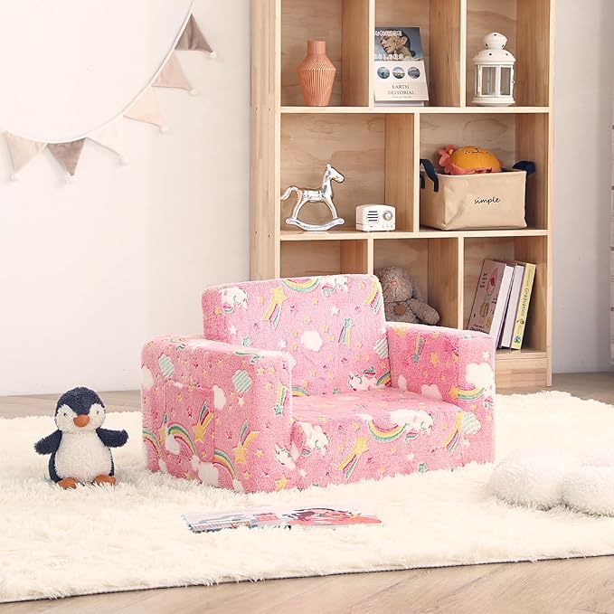 Toddler Chair Kids Couch, 2-in-1 Comfy Armchair with Removable and Washable Cover Carrying Handle, Convertible Reading Chair Toddler Couch for Girls and Boys, Pink Rainbow-Ruum Studio Home