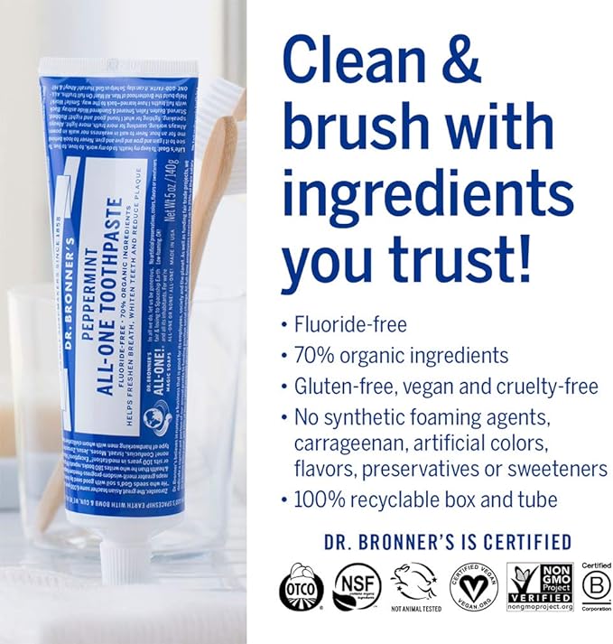 Dr. Bronner’s All-One Toothpaste 4-Pack Variety– (Peppermint, Spearmint, Cinnamon, Anise, 5oz Each)– 70% Organic Ingridients, SLS Free Toothpaste, Fluoride Free, Natural, Vegan, for Sensitive Teeth-Ruum Studio Home