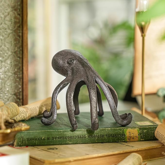 Sungmor Cast Iron Octopus Statue, Decorative Bookend, Cute Sculpture on Bookshelf or Desk, Creative Cell Phone Holder, Octopus Stand for Tablet, Black Brown-Ruum Studio Home