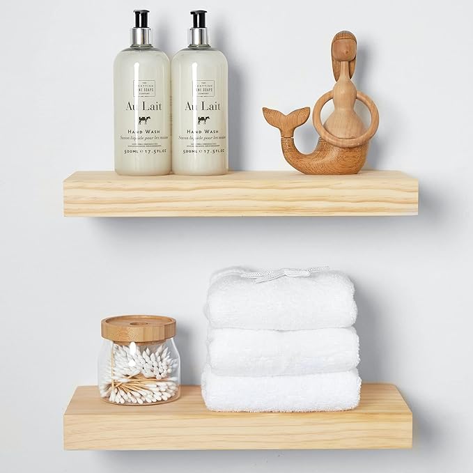 Homeforia Wood Floating Shelf 16 inch, High End Solid Natural Wood 16inch Floating Shelves for Wall Mounted, Unfinished Wooden Small Floating Shelves, Heavy Duty Bracket, 16 X 6.5 X 1.75 in, Set of 2-Ruum Studio Home
