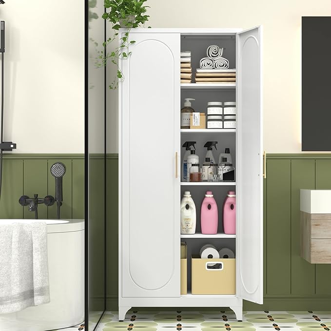 Metal Storage Cabinet with Doors and Shelves, 75 Inch Tall Kitchen Pantry Cabinet, Pantry Cabinets for Kitchen Storage, Freestanding Cupboard for Living, Dining Room, White, Assembly Required-Ruum Studio Home