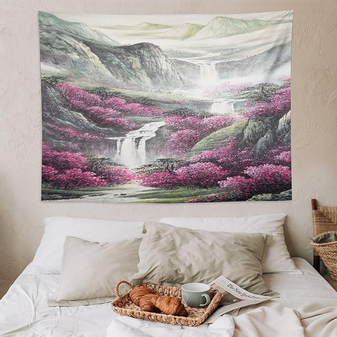 Japanese Tapestry, Red Plum Blossom Mountain Tapestry, Asian Japanese Wall Tapestry, Nature Landscape Tapestries for Bedroom Living Room Decor 80"x60"-Ruum Studio Home