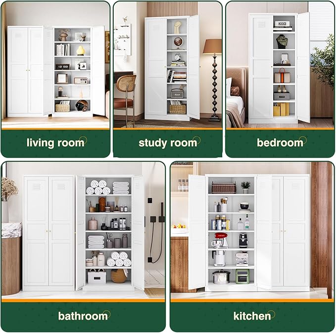 Letaya White Storage Cabinet with Adjustable Shelves-Metal Home Kitchen Pantry Cabinets with Doors,Organization Locker for Cupboard/Bedroom/Dining/Living/Bathroom/Office/Garage Room-Ruum Studio Home
