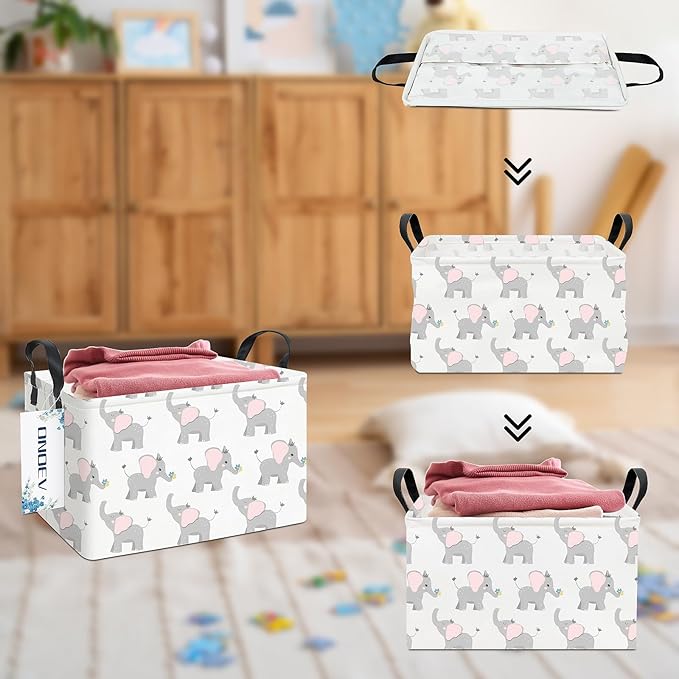 Rectangular Folding Laundry Basket,waterproof Canvas Basket,gift basket,Suitable for children's room,Office,Clothes,Toys Storage(Elephant calf)-Ruum Studio Home