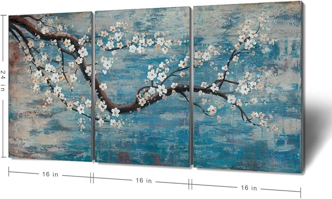 amatop Wall Art for Living Room 100% Hand-Painted Flower Oil Painting On Canvas Gallery Wrapped Large Framed Floral Plum Blossom Tree Teal Blue Artwork for Home Bedroom Decor 48"x24"-Ruum Studio Home