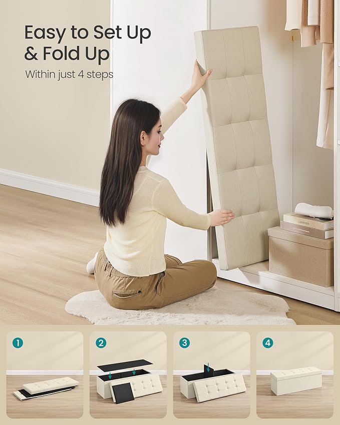 SONGMICS MAZIE Collection - 43 Inches Folding Storage Ottoman Bench, Ottoman Foot Rest, End of Bed Bench, Storage Chest, Load 660 lb, for Living Room, Bedroom, Entryway, Cream White ULSF77BE-Ruum Studio Home