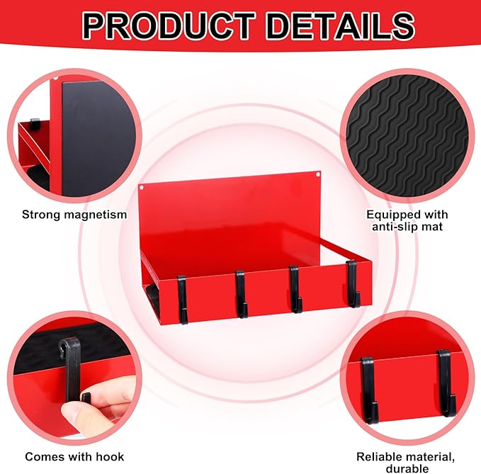 3 Pack Magnetic Garage Organizer Spice Rack for Refrigerator - 20 lb Capacity Shelf Hanging Heavy Duty Fridge Side for Organize Garage Tools, Red-Ruum Studio Home