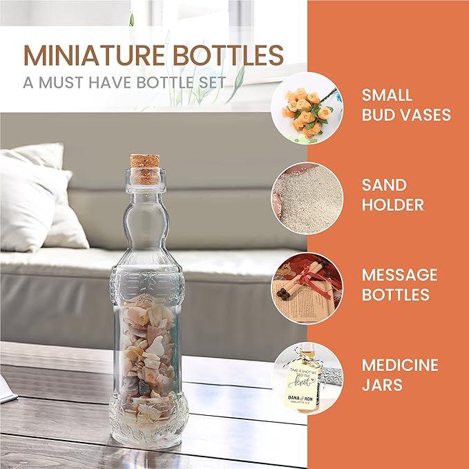 Small Mini Clear Vintage Glass Bottles with Corks, Mini Vases, Decorative, Potion, Assorted Design Set of 12 pcs, 4.6 Inch Tall (11.43cm), 1.4 Inch Wide (3.56cm)-Ruum Studio Home