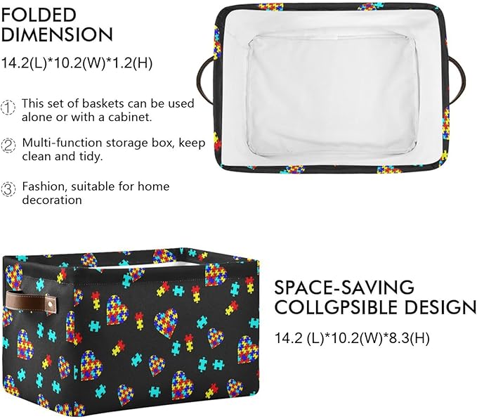 Multicolor Storage Basket Bin Autism Awareness Puzzle Pieces Heart Organizer Collapsible Shelf Cube with Handle for Nursery Bedroom Bathroom-Ruum Studio Home