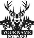 Personalized Custom Forest Deer and Fish Wall Decor, Metal Signs, Black Metal Wall Art, Custom Name Signs for Dad's Shed, Camping and Hunting Decor-Ruum Studio Home