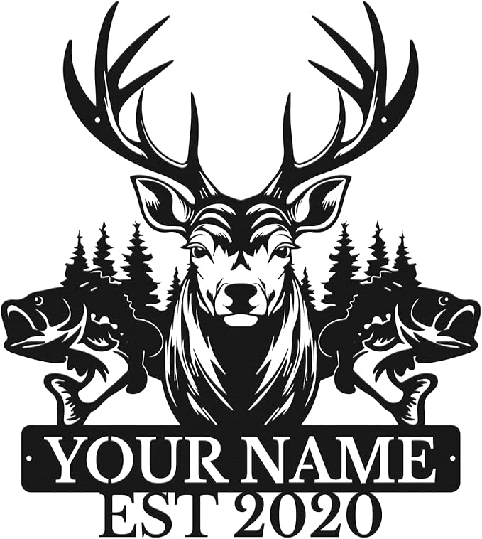 Personalized Custom Forest Deer and Fish Wall Decor, Metal Signs, Black Metal Wall Art, Custom Name Signs for Dad's Shed, Camping and Hunting Decor-Ruum Studio Home