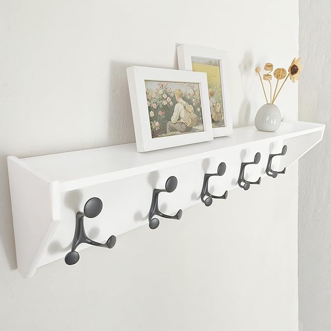 SKOLOO Wall Shelf with Hooks, 35-Inch White Coat Rack Wall Mount with Shelf Organizer - Lightweight & Sturdy, 5 Tri Hooks - Perfect for Entryway, Hallway, Living Room, Bedroom, Mudroom-Ruum Studio Home