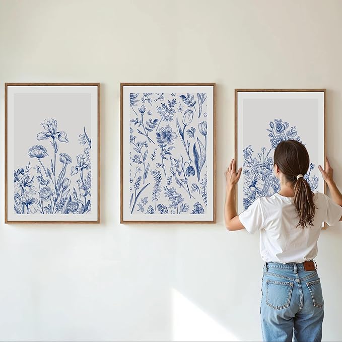 SIGNINART Classic Chinoiserie Botanical Framed Canvas Wall Art, Blue and White Floral Wall Decor, Minimalist Flower Artwork, Navy Blue Wildflower Art Painting for Bedroom Living Room Office 24"x36"x3-Ruum Studio Home