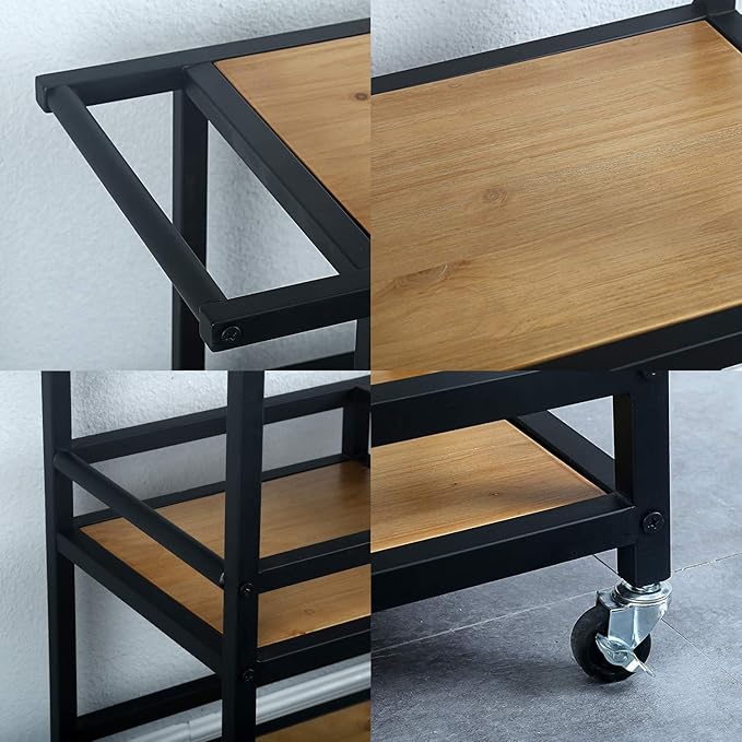 Bar and Serving Cart Industrial & Modern Rustic Rolling Bar and Serving Cart,3-Tiered Wood & Metal Kitchen Bar Cart Island with Wheels,Move Storage Coffee/Wine Island Shelf,Black-Ruum Studio Home