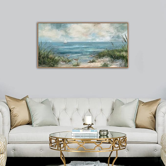 Sea Beach Vintage Seascape Canvas Prints Wall Decor Ocean Sailboat Seagull Beach Bird Reed Canvas Painting Artwork Living Room Bedroom Decoration Natural Framed-Ruum Studio Home
