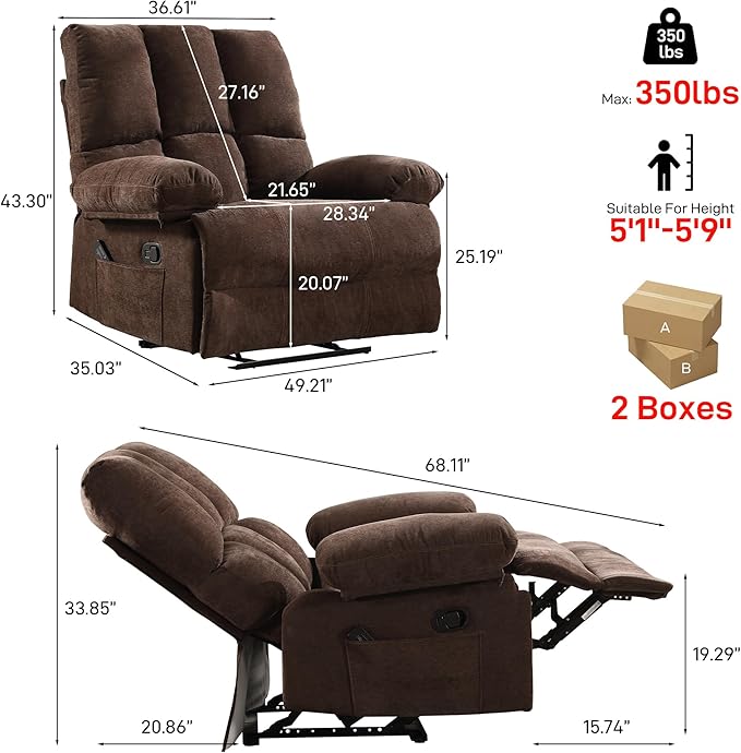 Oversized Recliner Chair Extra Wide Large Recliner for Adults 350lbs with Lumbar Support Pillow Nursery Chair Living Room (Manual, BROWN-6008)-Ruum Studio Home