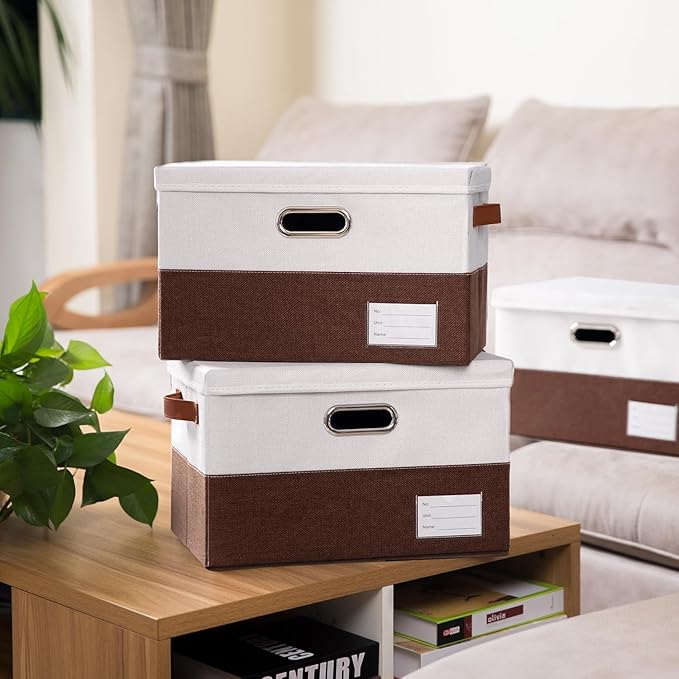 PRANDOM Foldable Storage Bins with Lids [3-Pack] Fabric Collapsible Storage Boxes Baskets Cubes Containers with Handles for Closet Living Room Bedroom (Brown & White 14.9x9.8x9.8'')-Ruum Studio Home