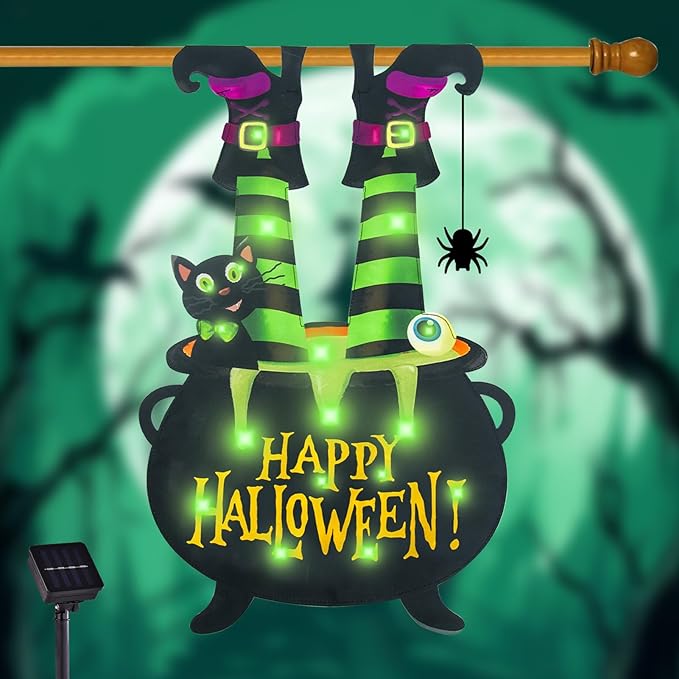 Halloween Lighted Garden Flag for Outside, Witch Feet Shape Flag Yard Decor, 8 Modes Double Sided Cauldron Eyeball Black Cat Outdoor Hlloween Decorations for Home Porch (Green-28x40)-Ruum Studio Home