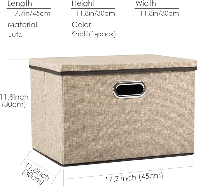 PRANDOM Large Collapsible Storage Bins with Lids [1-Pack] Jute Fabric Foldable Storage Boxes Organizer Containers Baskets Cube with Cover for Home Bedroom Closet Office Nursery (17.7x11.8x11.8)-Ruum Studio Home