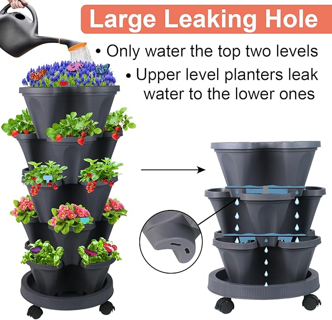 Vertical Planter, 5 Tier Stackable Strawberry Planter with Garden Tool Set, Movable Indoor/Outdoor Garden Herb Pot for Growing Vegetables and Succulents, Dark Gray-Ruum Studio Home