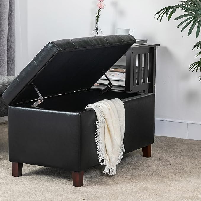 Asense Storage Ottoman Bench, Faux Leather Upholstered End of Bed Bench with Safety Hinge Wooden Legs, for Entryway Bedroom (Black, 33.3")-Ruum Studio Home