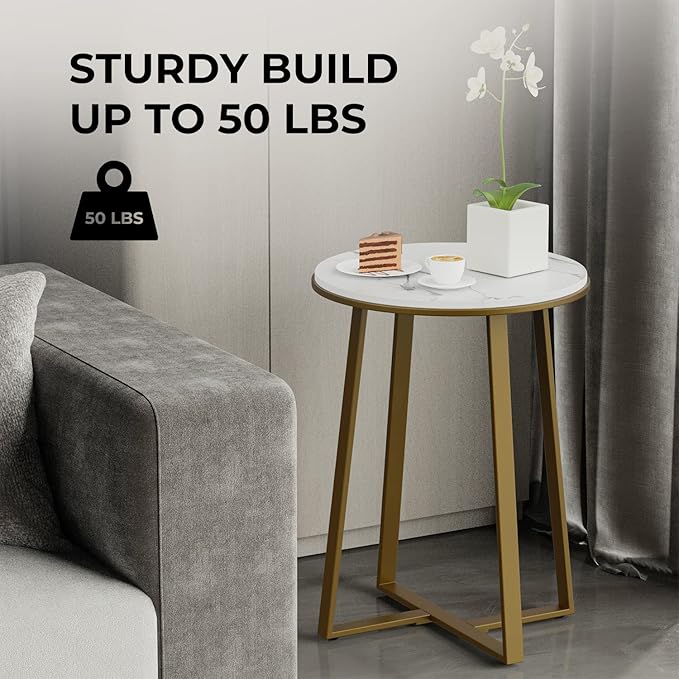 Round End Tables, Small Side Table White Marble Texture MDF Top,Metal Frame Gold Color, Tall End Table for Bed Room,Coffee Tea End Table for Living Room (White Marble+Gold)-Ruum Studio Home