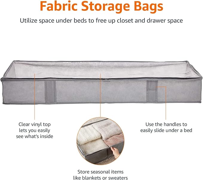 Amazon Basics Under Bed Fabric Zipper Blanket Storage Container Bags with Window and Handles, 2-Pack, 18 x 42 x 6 inches, Gray-Ruum Studio Home
