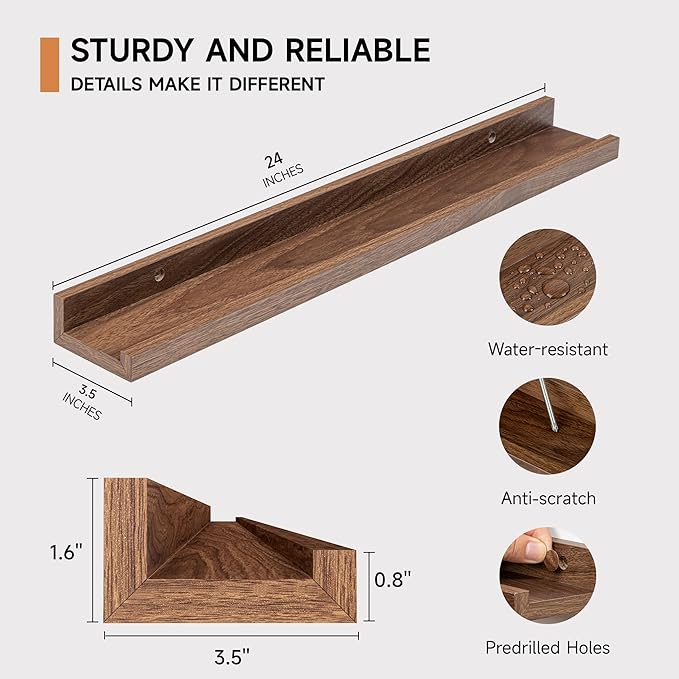 Fun Memories Picture Ledge Shelf, 24 Inch Floating Shelves Set of 2, Nursery Book Shelves for Toys Storage, Kids Bookshelf Wall Mounted for Wall Decor Books Photo Frames, Walnut-Ruum Studio Home