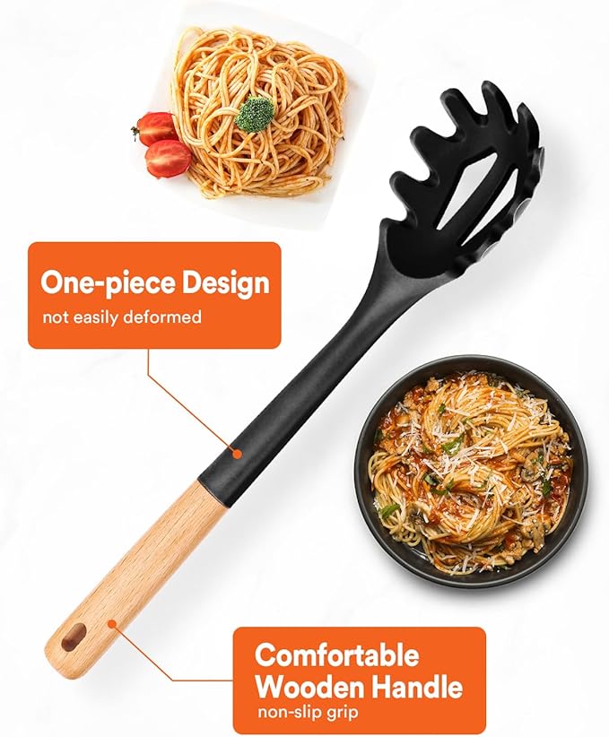 Silicone Pasta Fork, Kitchen Heat Resistant Noodle Spoon Server, BPA Free Spaghetti Strainer,12.8 inch (Black)-Ruum Studio Home