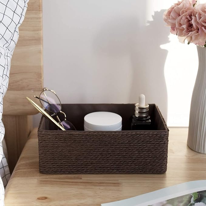 LA JOLIE MUSE Paper Rope Woven Storage Basket Set of 4 with Fabric Liner, Stackable Multipurpose Organizer Bin, Brown-Ruum Studio Home