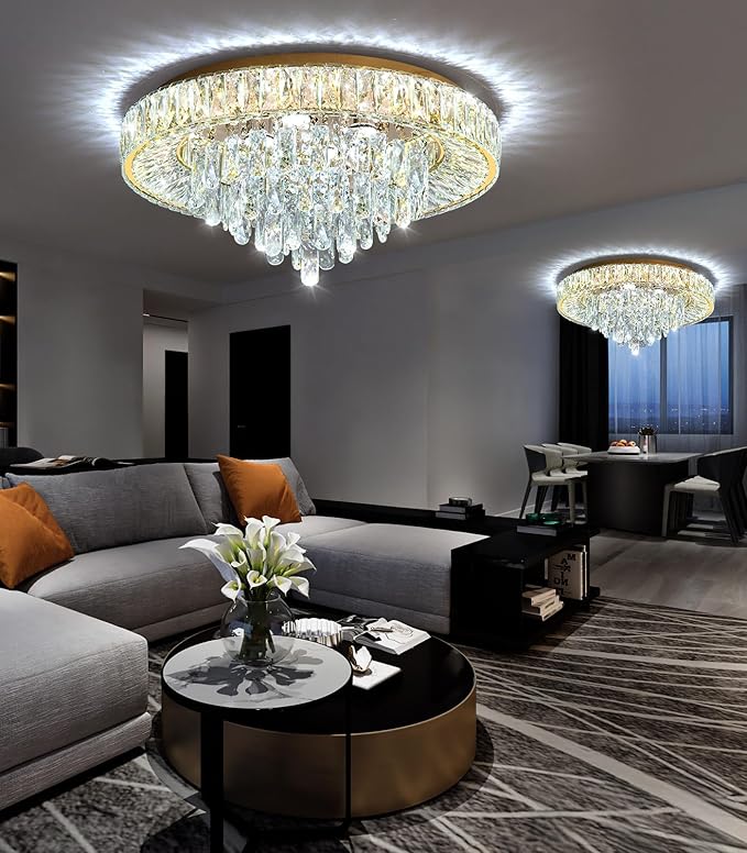 23.6'' Modern Crystal Chandeliers LED Dimmable Flush Mount Ceiling Chandeliers for Living Room Entrance Foyer Bedroom Gold-Ruum Studio Home