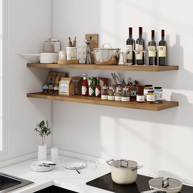 55" Floating Shelves for Wall, 12" Deep Slim Walnut Floating Shelves, Wall-Mounted Shelves for Bedroom, Living Room, Kitchen, Bathroom - Set of 2-Ruum Studio Home