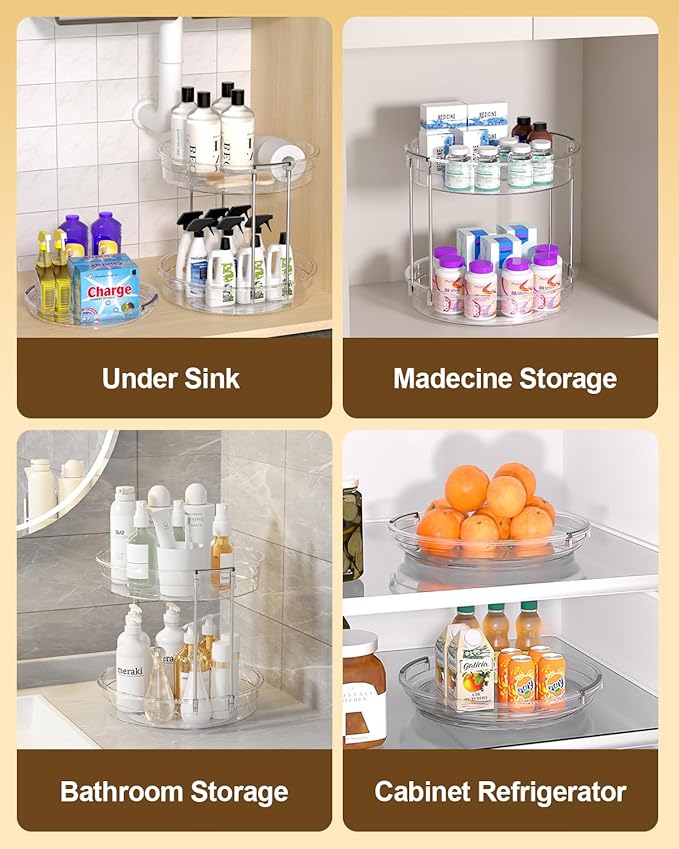 2 Pack Lazy Susan Organizer 9.25''and 11.81'' Two-Tier Lazy Susan Turntable for Cabinet, Spice Rack, and Pantry Storage - Spinning Makeup Organizer for Bathroom, Clear-Ruum Studio Home