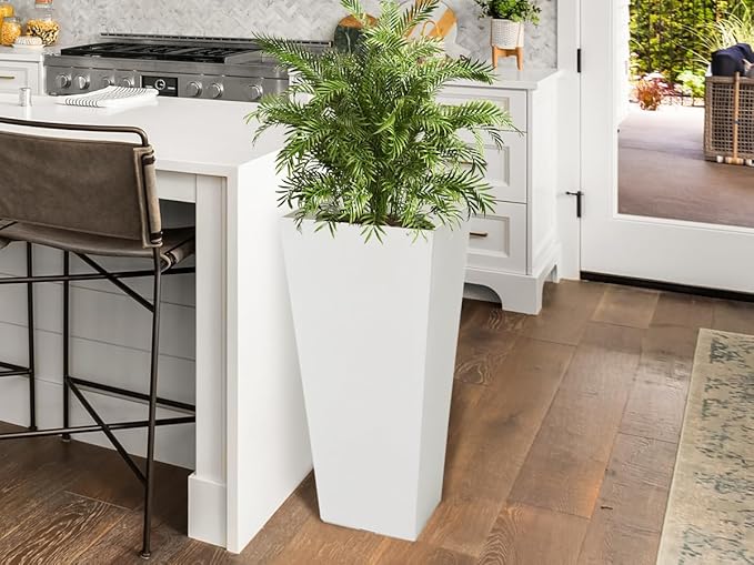 Worth Garden 2-Pack White Matte Texture Square Tapered Planter - 25.5" H. Tall Plastic Plant Pots with Drain Hole for Indoor Outdoor - Modern Decorative Flower Pots for Front Porch, Patio, Deck-Ruum Studio Home