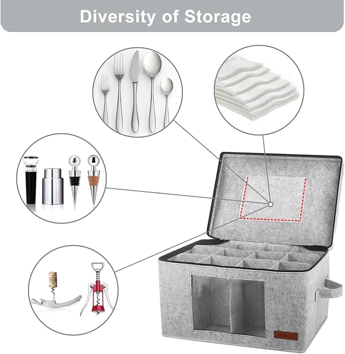 2 Pack Wine Glass Storage Box with Dividers, Stemware Storage Containers for Packing and Moving, China Storage Containers Box for 12 Crystal Glassware, Wine Glasses, Drinkware,Light Gray-Ruum Studio Home
