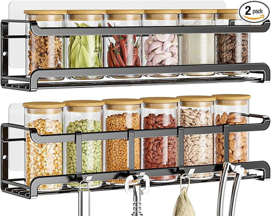 Spice Rack wall mounted 2 Pack, Space-Saving Spice Organizer for Spice Jars and Seasonings,Screw or Adhesive Hanging Spice Rack Organizer for Your Kitchen Cabinet,or Pantry Door-Ruum Studio Home