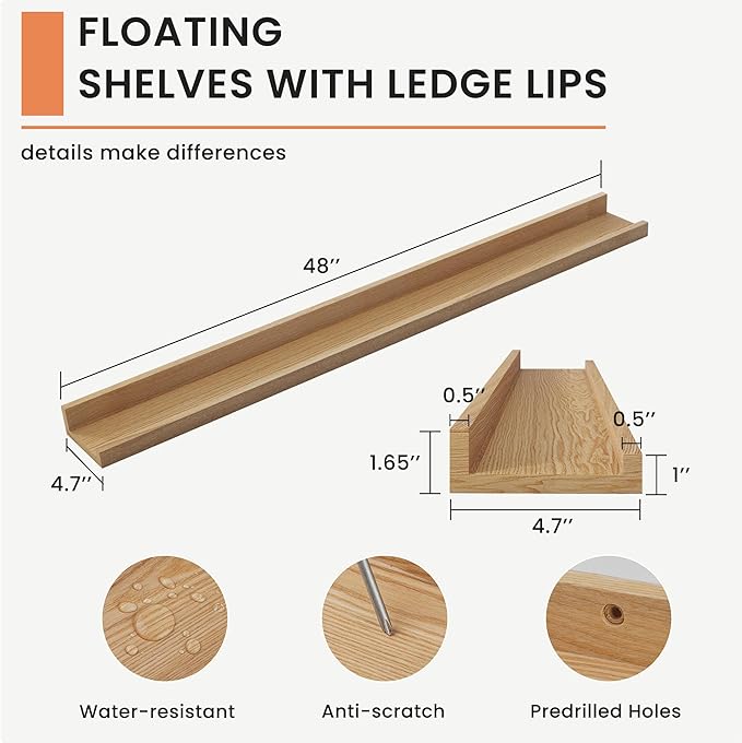 Solid Ash Wood Picture Ledge Shelf, Wood Floating Shelves Set of 2, 48 Inch Long Large Photo Ledge Shelves, Nursery Book Shelves Wall Mounted for Living Room Kids' Bedroom Decor, Natural-Ruum Studio Home