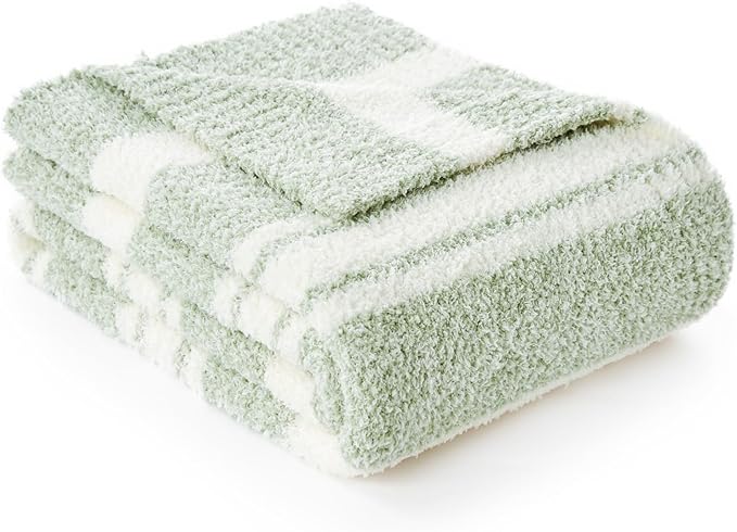 Snuggle Sac Stripe Sage Green Blanket Twin Size, Reversible Super Soft Warm Bed Blankets, Cozy Knit Fuzzy Blanket for Bed,Sofa, Living Room, Stripe Green, 60"x80"-Ruum Studio Home