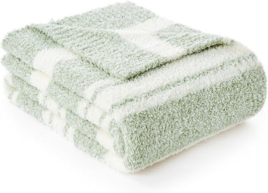 Snuggle Sac Stripe Sage Green Blanket Twin Size, Reversible Super Soft Warm Bed Blankets, Cozy Knit Fuzzy Blanket for Bed,Sofa, Living Room, Stripe Green, 60"x80"-Ruum Studio Home