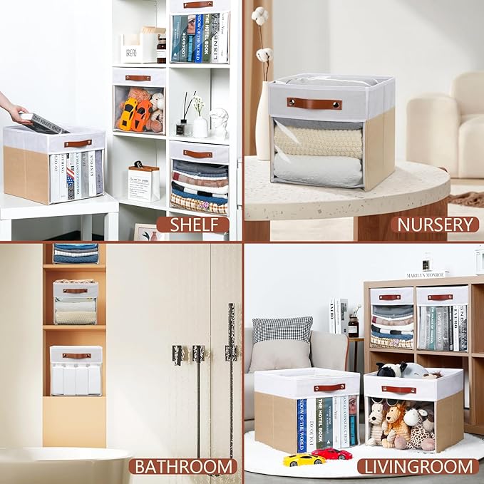 HNZIGE Fabirc Storage Cube Bins 13x13x15 Storage Cube Bins, 4 Pack Foldable Decorative Clear Cube Storage Bins for Cube Organizer Canvas Cubby Storage Organizer Bins for Shelves Pantry- White Beige-Ruum Studio Home