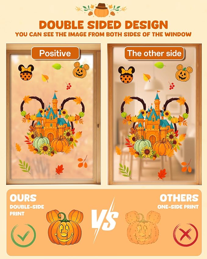 Fall Window Clings - 9 Sheets 149 Pcs Fall Decorations for Autumn Thanksgiving Harvest Home Party, Pumpkin Leaves Car Maple Castle Acorns Stickers for Glass, Double-Sided Static Window Decals-Ruum Studio Home