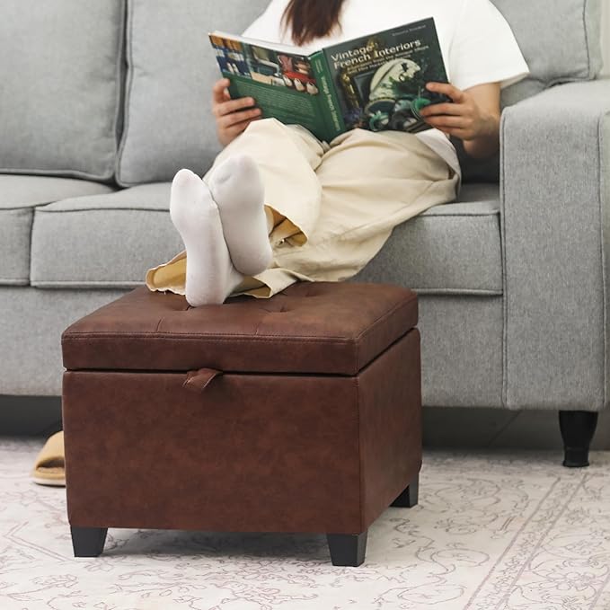 Adeco Faux Leather Storage Ottoman Bench with Wood Legs, 17.7" Square Red and Brown PU Cube Foot Stool, Upholstered Button Tufted Vanity Chair with Hinged Lid for Living Room, Bedroom, Dorm-Ruum Studio Home