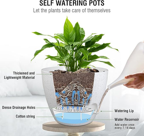 10 inch Self Watering Hanging Planters, 2 Pack Hanging Baskets for Indoor Outdoor Plants, Hanging Flower Pots with Drainage Holes and 2 Kinds of Plant Hangers for Garden Decor, Speckled White-Ruum Studio Home