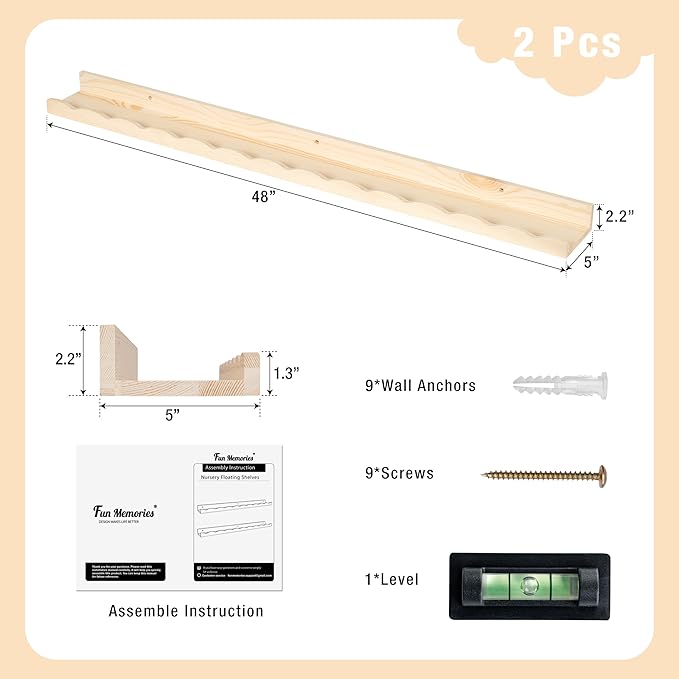 Fun Memories Picture Ledge Shelf for Wall, 48 inch Pine Wood Nursery Book Shelves Set of 2- Wall Book Shelves for Kids Room, Home Decor - Kitchen Spice-Natural-Ruum Studio Home