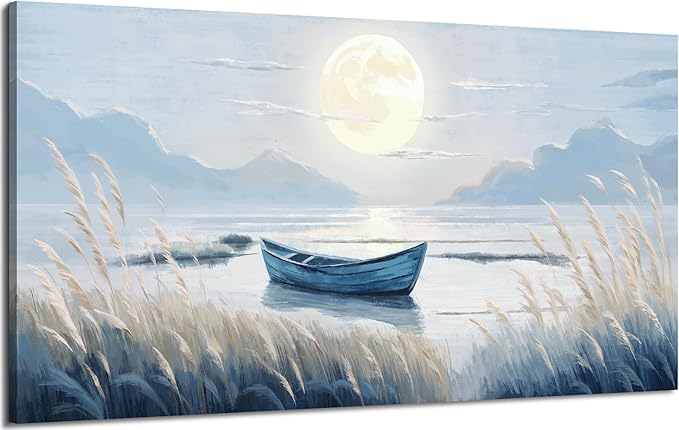 Large Wall Art for Living Room Bedroom Decor - Modern Nautical Beachy Ocean Beach Seascape Nature Artwork with Blue Boat Moon Lake Mountain Sea - Relaxing Serene Canvas Picture for Coastal Rustic Home-Ruum Studio Home