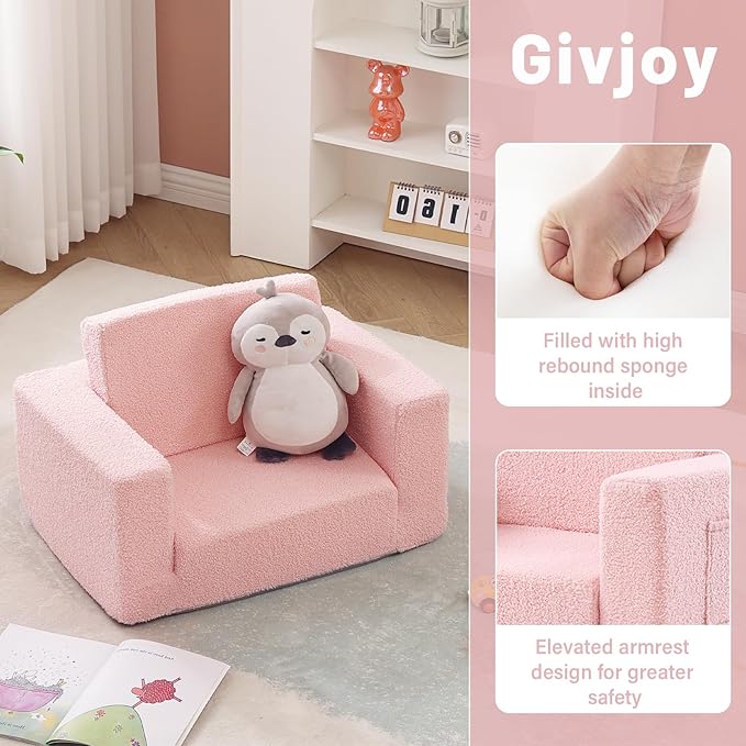 2-in-1 Toddler Chair Sherpa Couch - Soft Kids Lounger for Bedroom, Convertible Sofa for Girls and Boys, Reading Chair, Pink-Ruum Studio Home